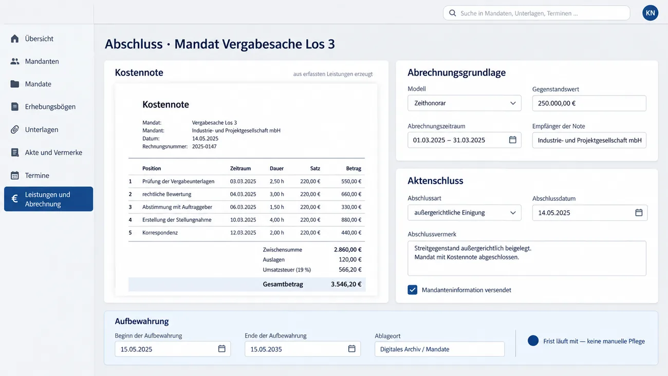 Maske: Abschluss eines Mandats mit erzeugter Kostennote und mitlaufendem Aufbewahrungsvermerk