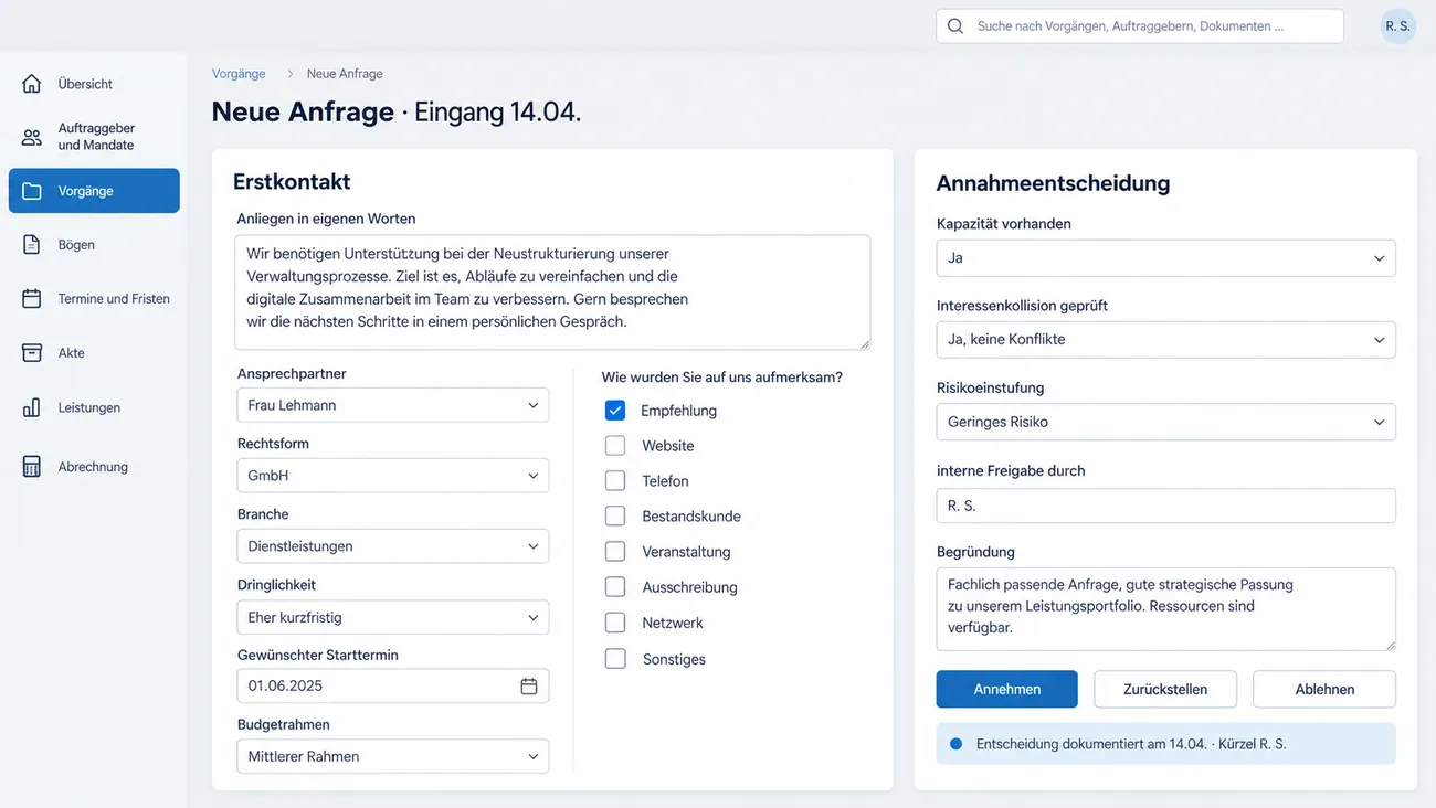 Maske: Erfassung einer neuen Anfrage mit Anliegen, Dringlichkeit, Herkunft und Annahmeentscheidung