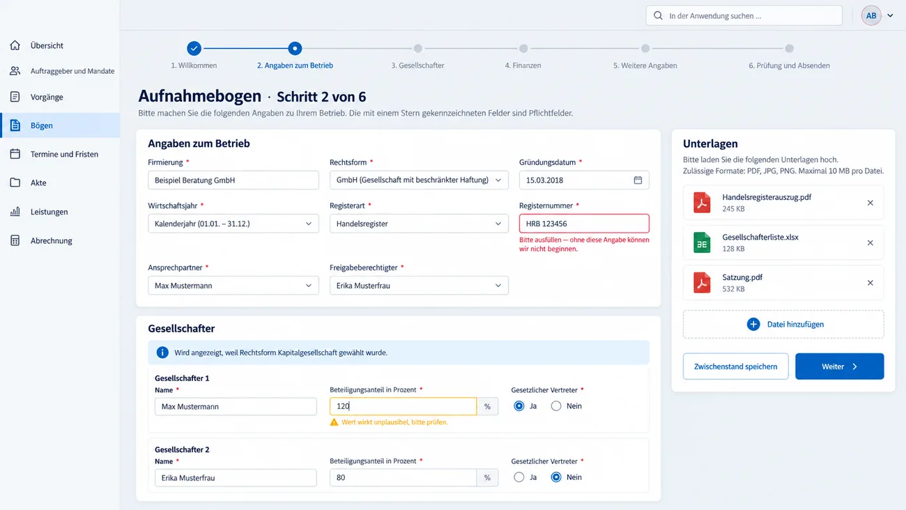 Maske: Selbstausfüllung des Aufnahmebogens über einen Link, mit Fortschritt und eingeblendetem Gesellschafterblock