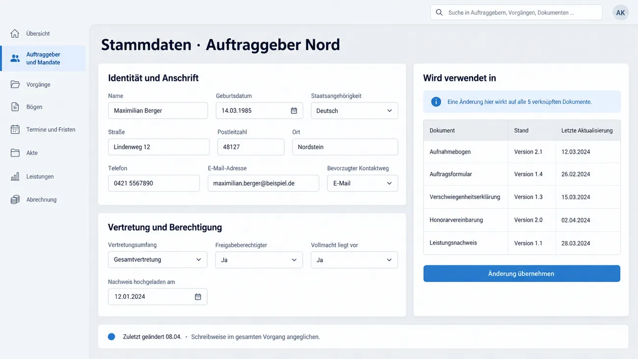 Maske: Stammdatenblatt eines Auftraggebers mit der Übersicht, in welchen Folgedokumenten es verwendet wird