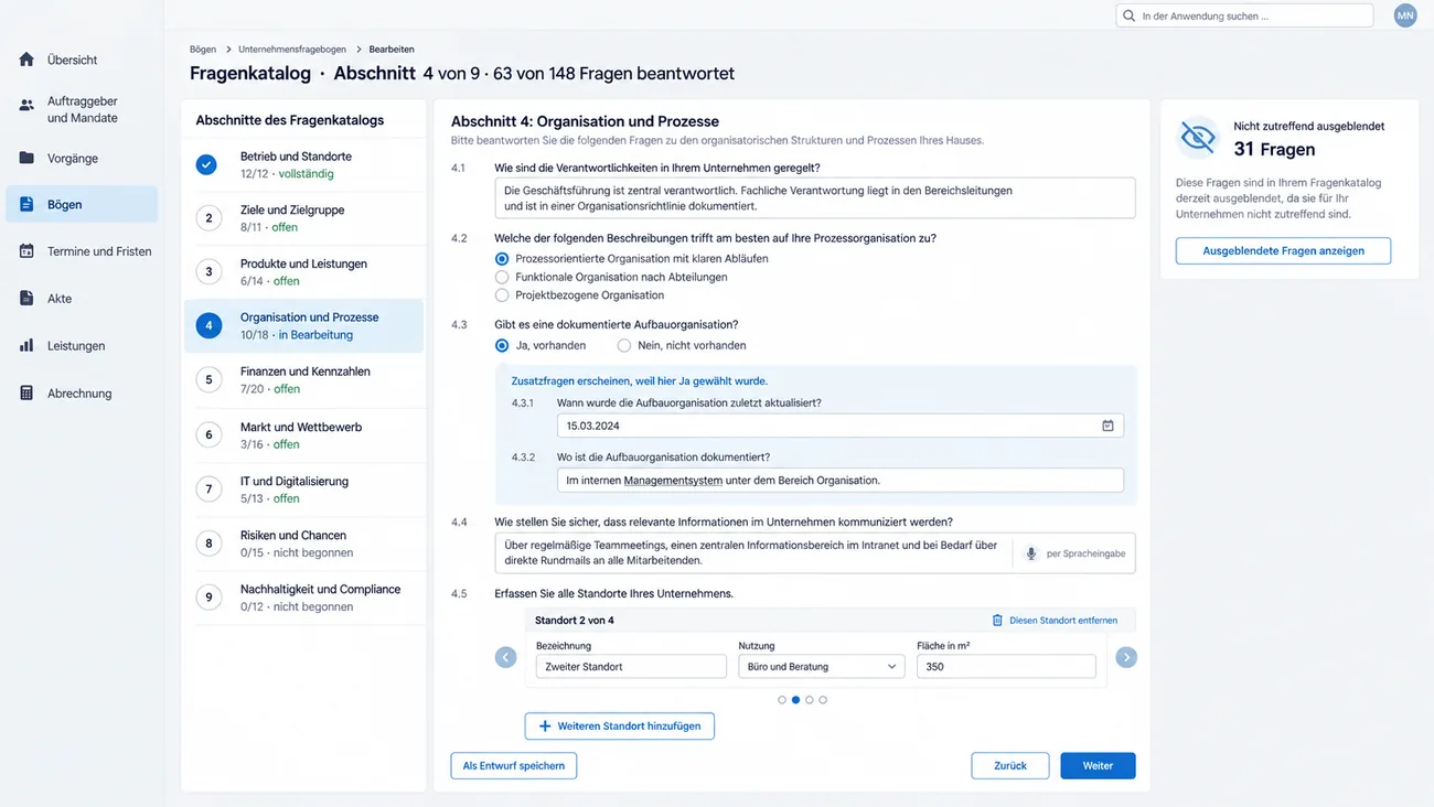 Maske: langer geführter Fragenkatalog mit Abschnittsliste, Zählern und eingeblendeten Zusatzfragen