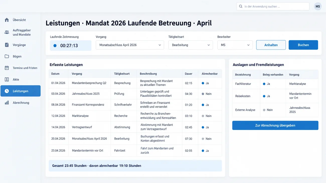 Maske: Leistungserfassung aus der Akte heraus mit laufender Zeitmessung und Tabelle der erfassten Leistungen
