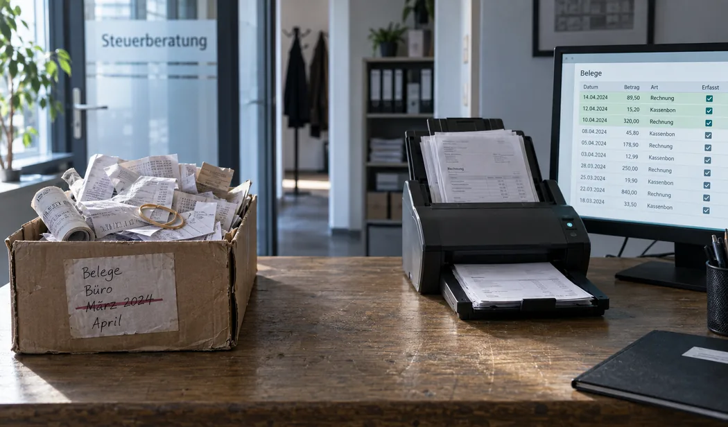 Belegannahmetisch einer Steuerkanzlei: links der Schuhkarton, wie er hereinkam, rechts derselbe Stapel im Einzugsscanner