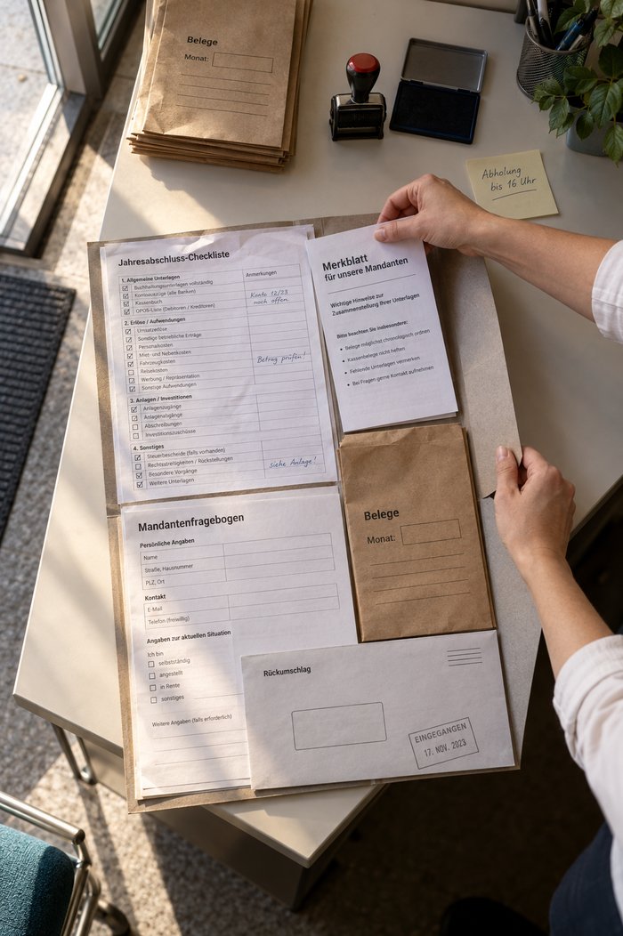 Jahresabschluss-Checkliste, Mandantenfragebogen und Belegtüte werden am Abholtisch der Kanzlei in die Mappe gelegt