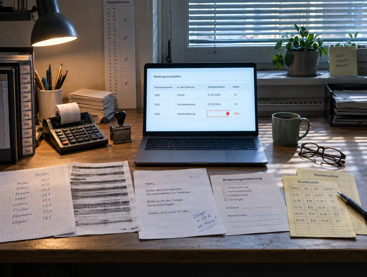 Lohnbüro der Kanzlei am Tag vor dem Meldeschluss, das Notebook zwischen Faxblatt, Stundenzetteln und Änderungsmitteilung