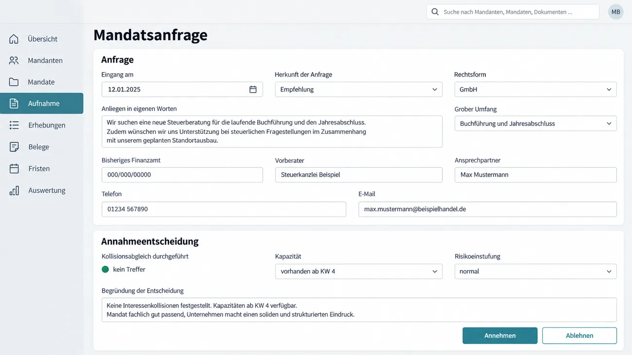 Maske: Erfassung einer Mandatsanfrage mit abgesetztem Block für die Annahmeentscheidung
