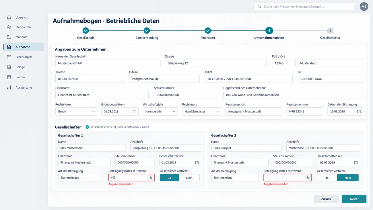 Maske: Aufnahmebogen für die betrieblichen Daten, den der Firmenmandant über einen Link selbst ausfüllt