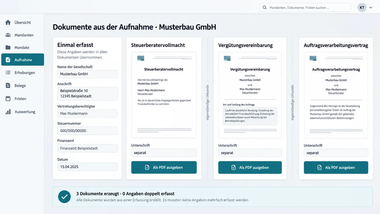 Maske: eine Erfassung links, drei daraus getrennt ausgegebene Dokumente rechts