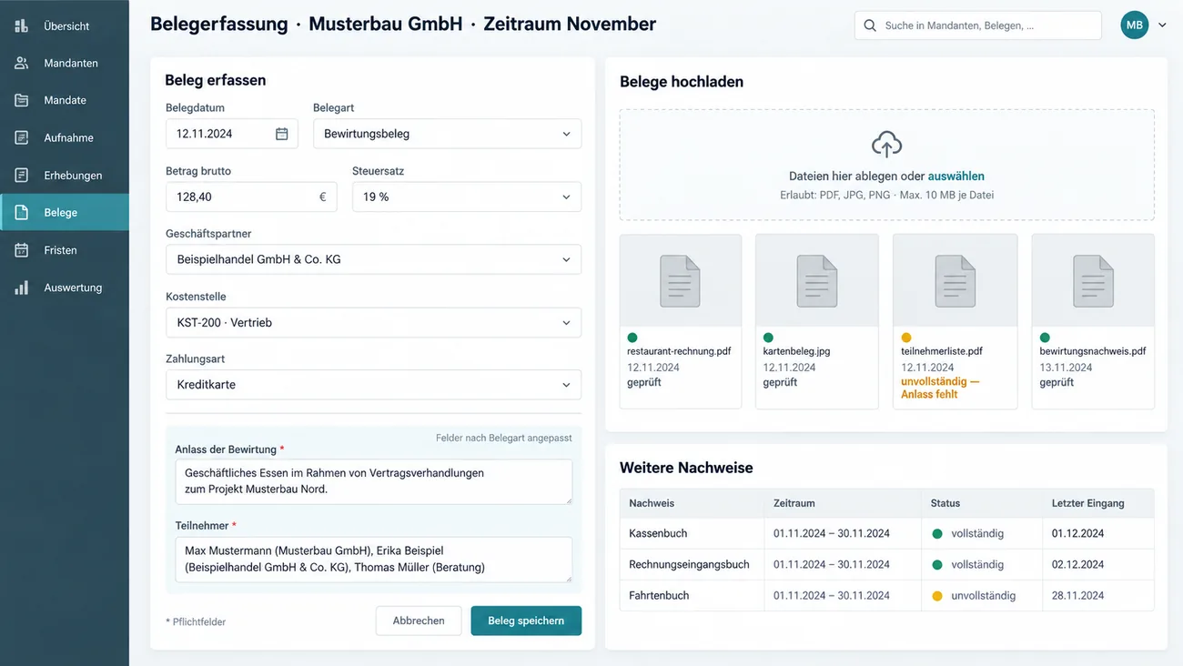 Maske: Belegerfassung der laufenden Buchführung mit Uploadbereich und den Pflichtfeldern der gewählten Belegart