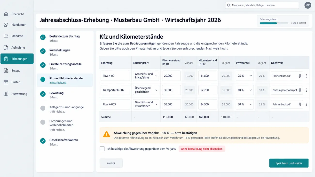 Maske: geführte Jahresabschluss-Erhebung mit acht Abschnitten, zwei davon als nicht zutreffend ausgegraut