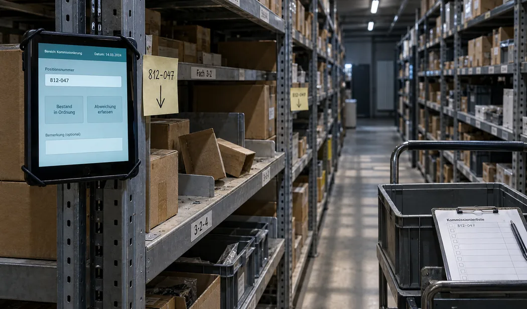 Am Regalpfosten im Kommissionierbereich eingehängtes Tablet mit der Erfassungsmaske für den Befund