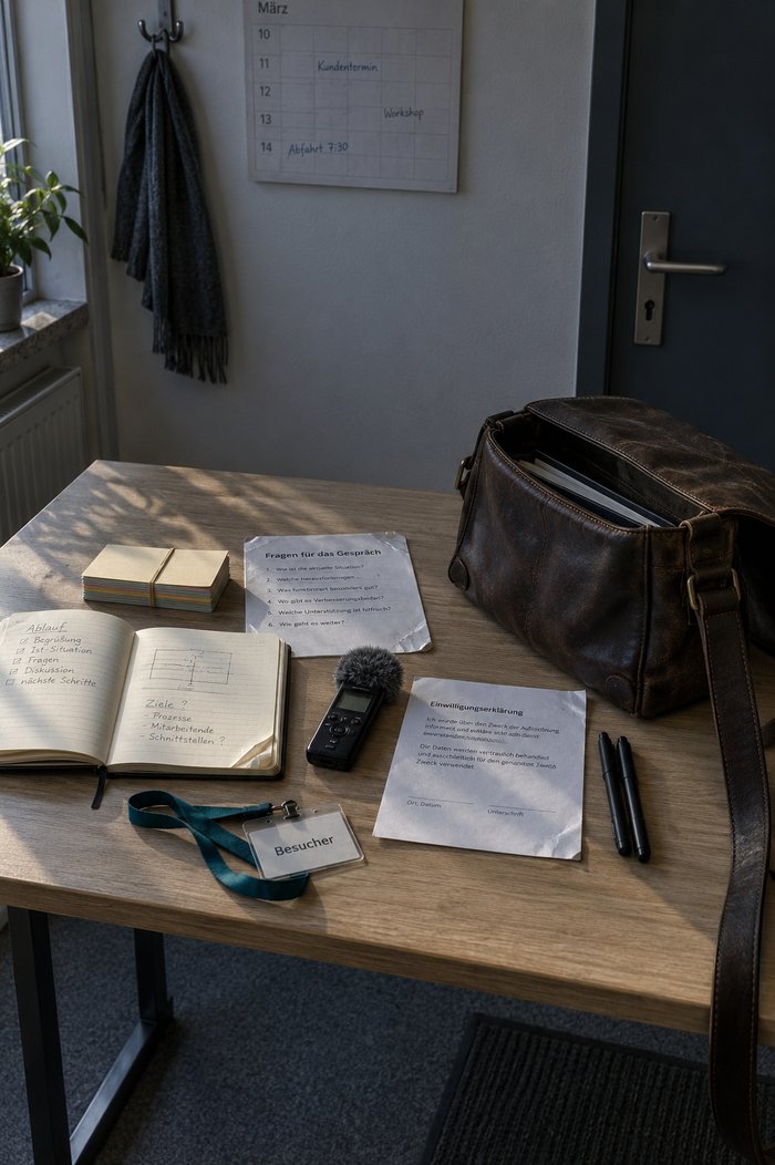 Notizbuch, Moderationskarten und laminierte Fragenliste liegen vor der Abfahrt zum Kunden neben der Umhängetasche