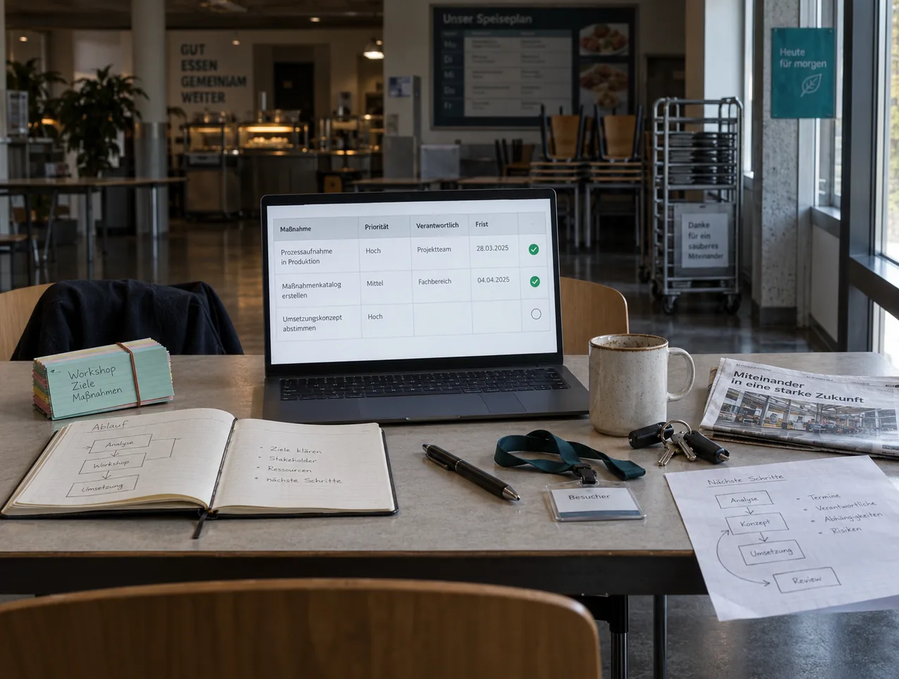 Notebook mit der Maßnahmenliste auf dem Kantinentisch eines Kundenbetriebs zwischen zwei Terminen