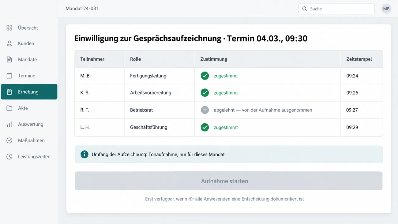 Maske: Einwilligung zur Gesprächsaufzeichnung mit Teilnehmern, Rollen und Zweckbindung