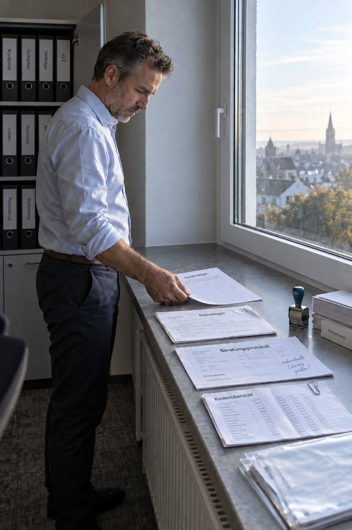 Makler legt am Fensterbrett den vierten der Bögen dazu, mit denen in seinem Haus tatsächlich gearbeitet wird