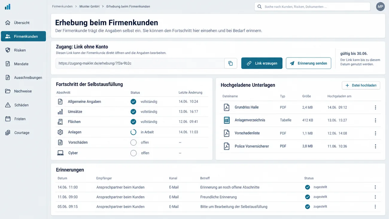 Maske: Selbstausfüllung beim Firmenkunden über einen Link ohne Konto, mit Fortschritt je Abschnitt