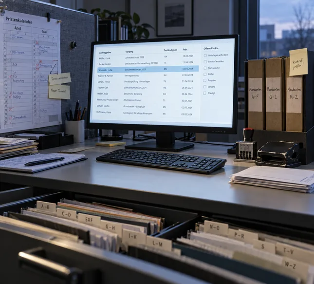 Vorgangsliste mit Auftraggeber, Zuständigkeit und Frist auf dem Bildschirm im Backoffice einer Kanzlei