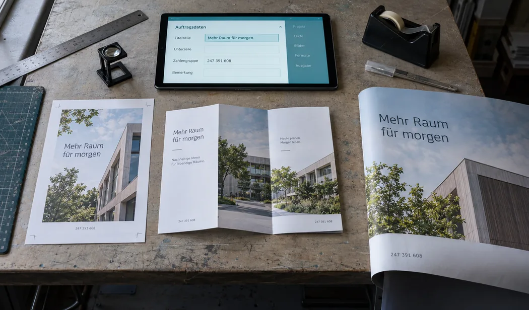 Anzeigenabzug, Faltblatt und großformatige Bahn desselben Auftrags nebeneinander auf dem Reinzeichnungstisch
