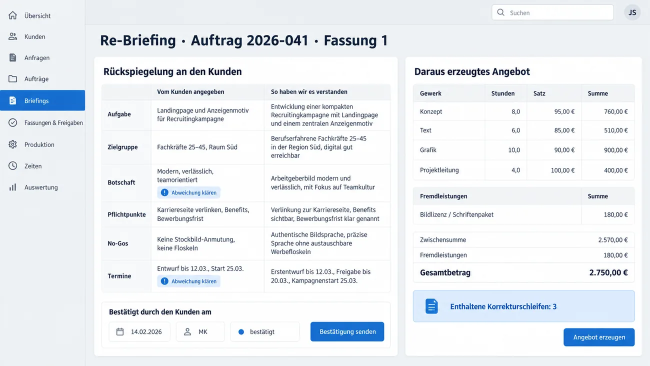 Maske: Re-Briefing mit der Gegenüberstellung von Angabe und Verständnis, daraus erzeugt das Angebot