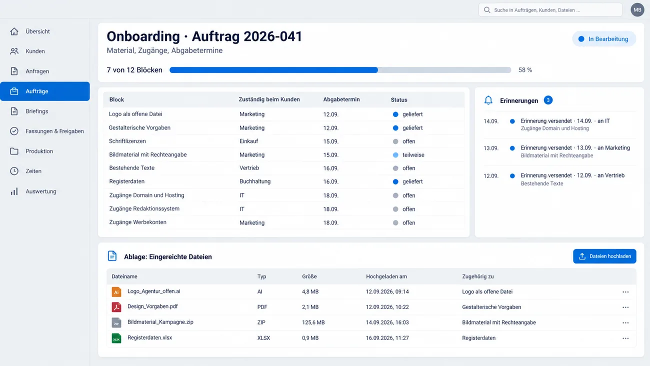 Maske: Onboarding mit Material, Zugängen und Abgabeterminen samt Status für beide Seiten