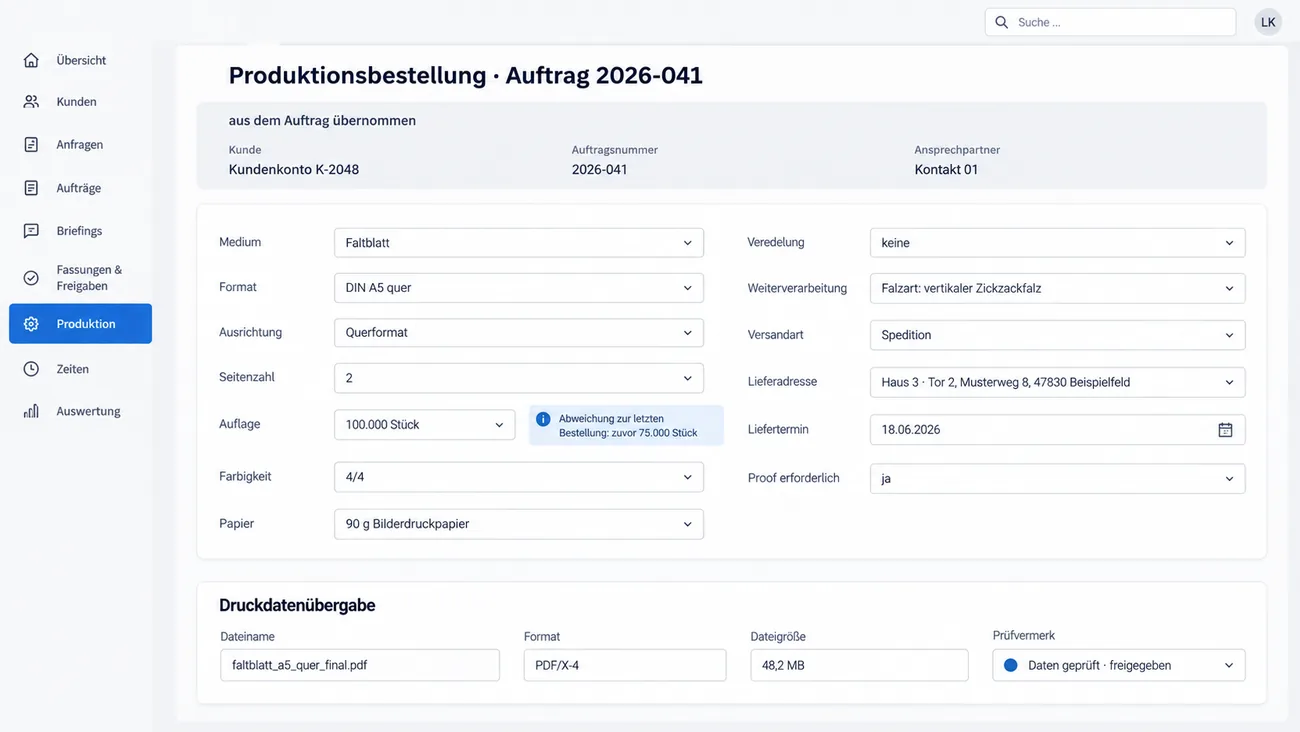 Maske: Produktionsbestellung mit aus dem Auftrag übernommenen Kopfdaten und festen Auswahlfeldern