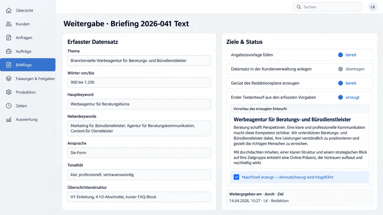Maske: strukturierte Weitergabe eines erfassten Briefings an Vorlagen und angeschlossene Strecken