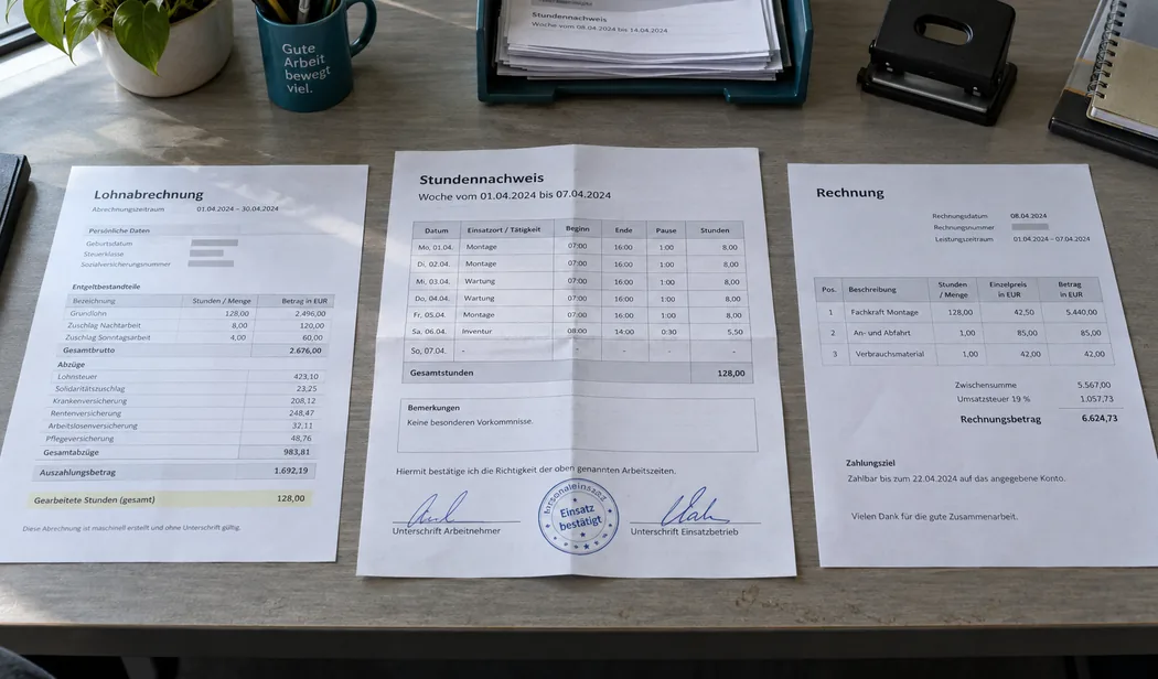 Ein einzelner gegengezeichneter Wochennachweis auf dem Arbeitstisch der Abrechnung, aus dem links Lohn und rechts eine Rechnung wird