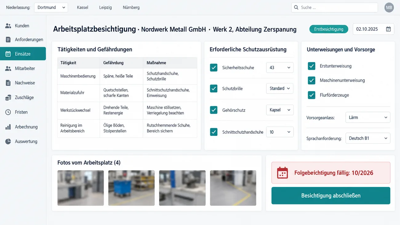 Maske: Arbeitsplatzbesichtigung je Abteilung mit Gefährdungen, Schutzausrüstung und nötigen Unterweisungen