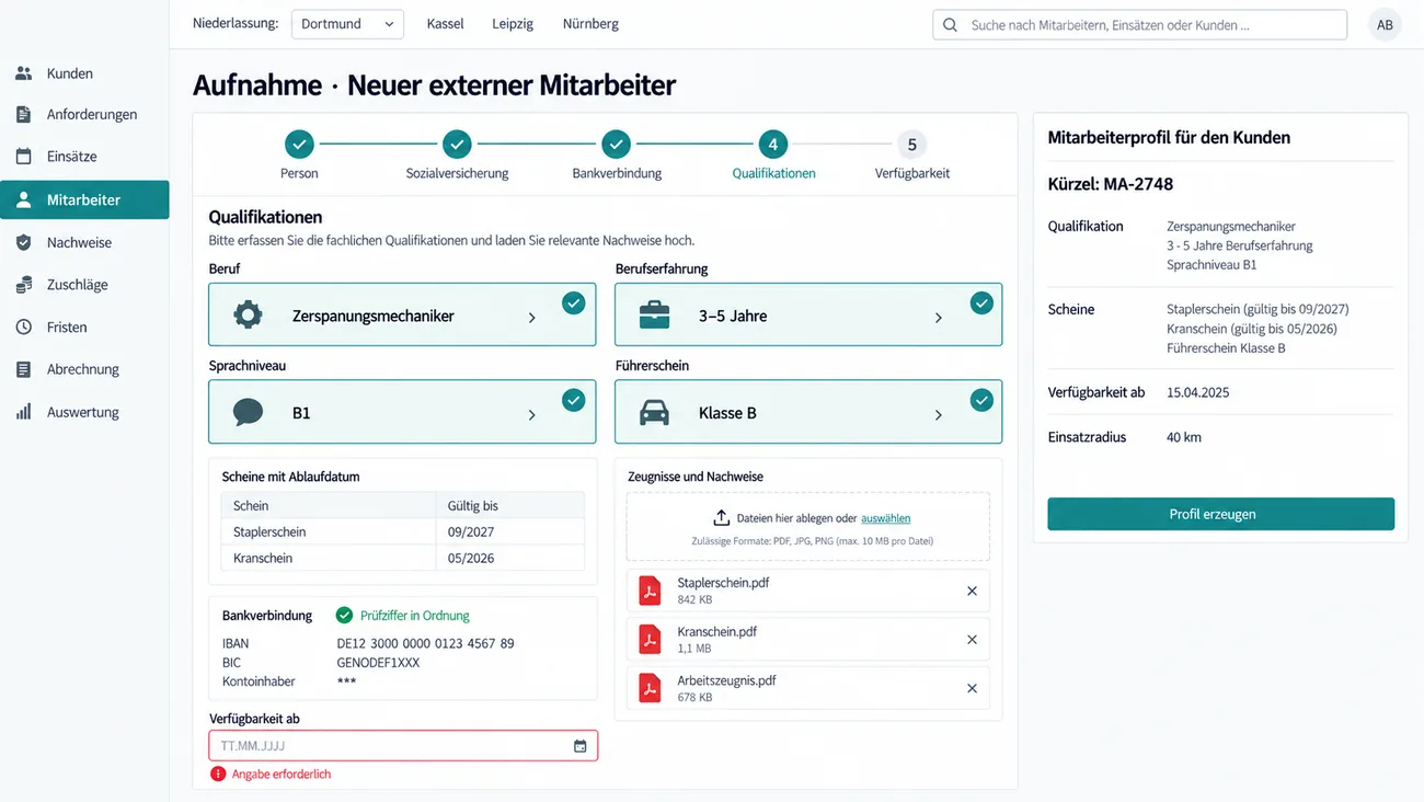 Maske: geführte Aufnahme eines externen Mitarbeiters mit dem daraus erzeugten anonymisierten Kundenprofil