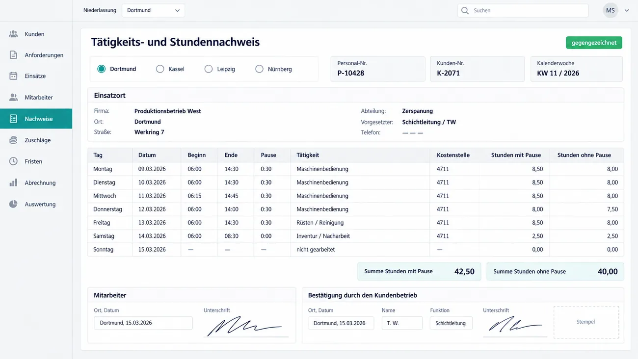 Maske: Wochennachweis im Briefbogenlayout mit Personal- und Kundennummer, Einsatzadresse und zwei Unterschriftsfeldern
