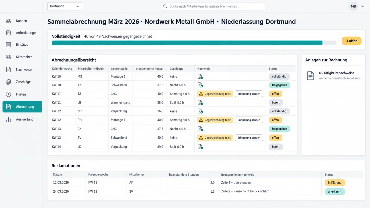 Maske: Sammelabrechnung eines Kunden mit allen Einsätzen des Monats und den gegengezeichneten Nachweisen als Anlage