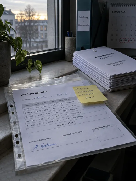 Ein einzelner Wochennachweis ohne Unterschrift in einer Klarsichthülle auf dem Fensterbrett neben dem Abrechnungsplatz