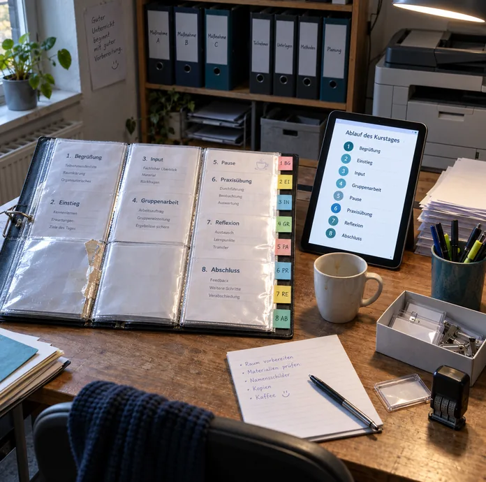 Vorbereitungsplatz der Dozenten: aufgeschlagenes Sichtbuch mit acht Formularen in Klarsichthüllen, daneben ein Tablet mit derselben Abfolge als Schrittliste