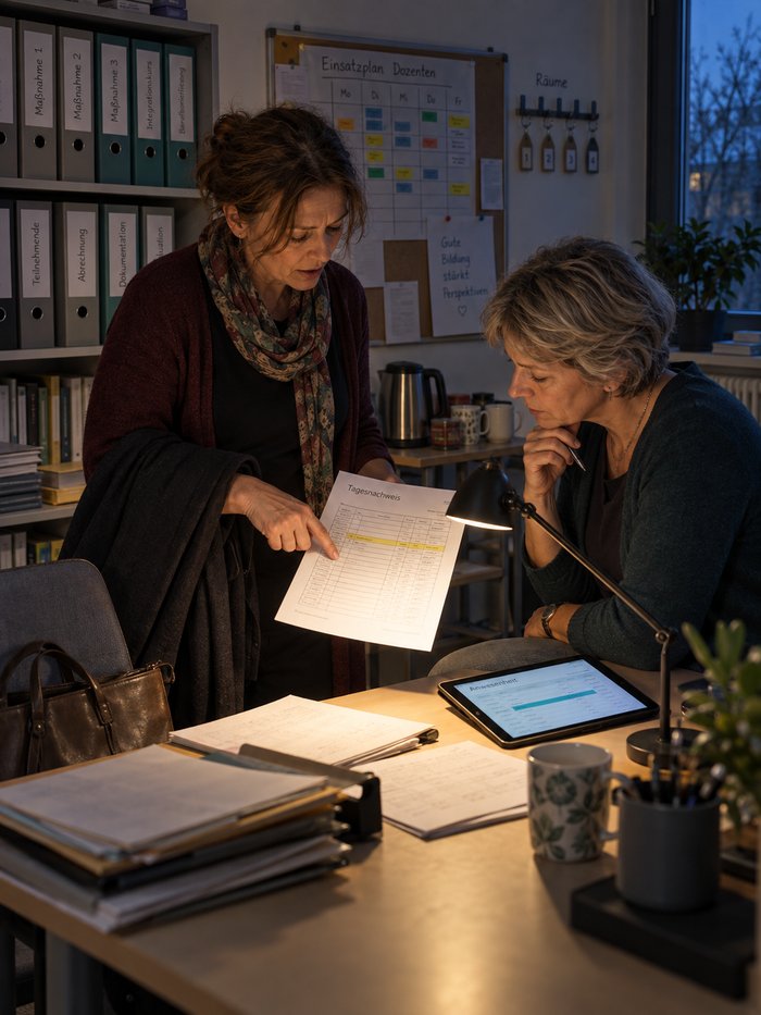 Dozentenzimmer nach Kursende: eine Honorardozentin zeigt auf eine Zeile des Tagesnachweises, die Maßnahmeleiterin sieht vom Tablet auf dasselbe Blatt