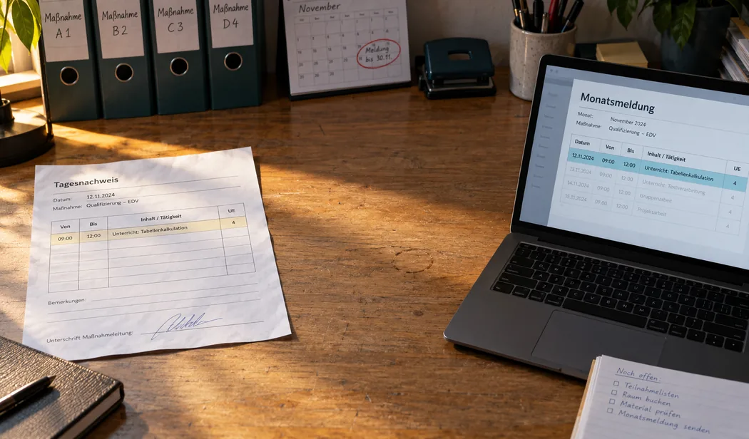 Schreibtisch der Maßnahmeleitung: links der heute unterschriebene Tagesnachweis, rechts das Notebook mit derselben Zeile in der Monatsmeldung, die Fläche dazwischen leer