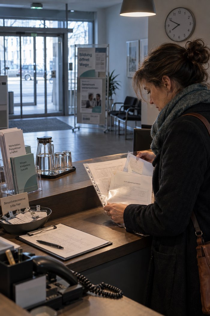 Empfangstresen im Foyer: eine Mitarbeiterin schiebt drei ungleiche Nachweisbögen verschiedener Gegenstellen in eine Klarsichthülle