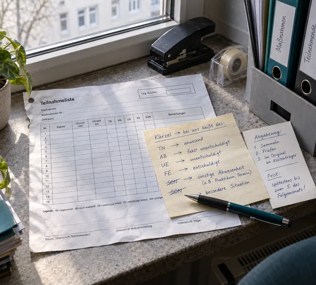 Fensterbank am Abrechnungsplatz: das fremde Anwesenheitsformular einer Gegenstelle, quer darüber ein handgeschriebener Merkzettel, der die Statuskürzel übersetzt