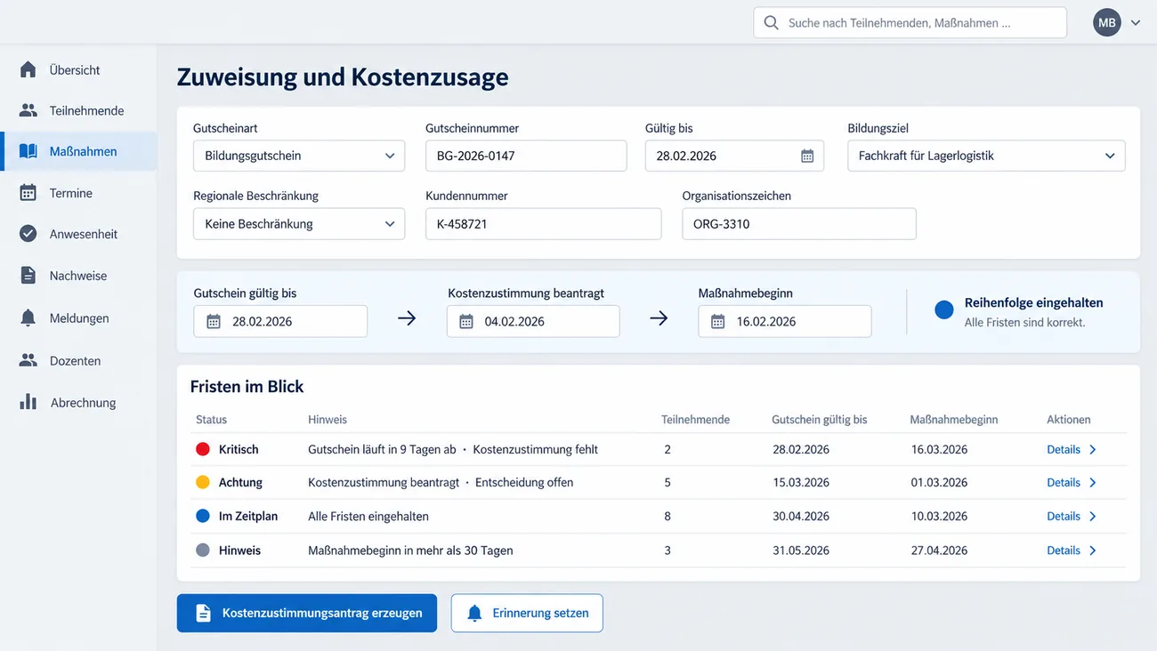 Maske: Zuweisung und Kostenzusage mit Gutscheindaten und der Reihenfolgeregel zwischen Gültigkeit, Antrag und Maßnahmebeginn