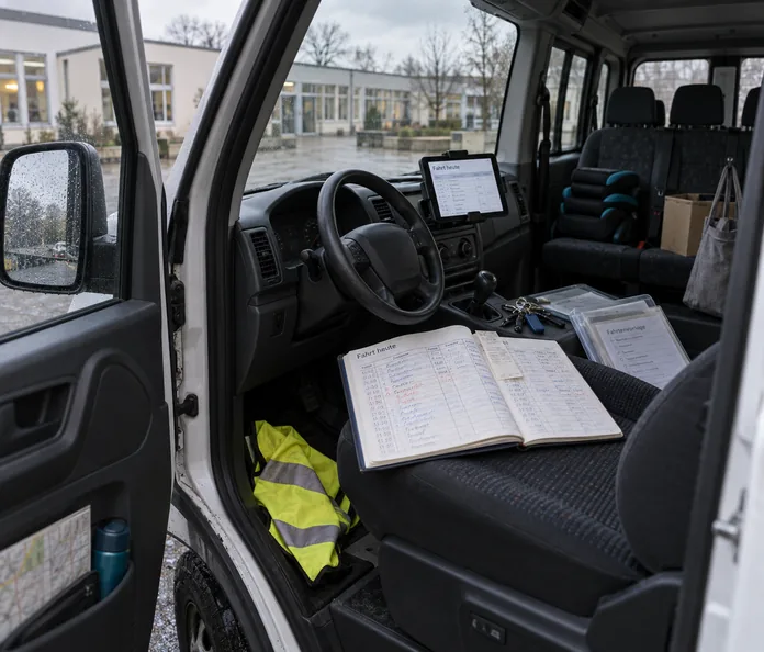 Offene Fahrertür des Kleinbusses: handgeführtes Fahrtenbuch auf dem Sitz, Tablet mit derselben Fahrtliste am Armaturenbrett