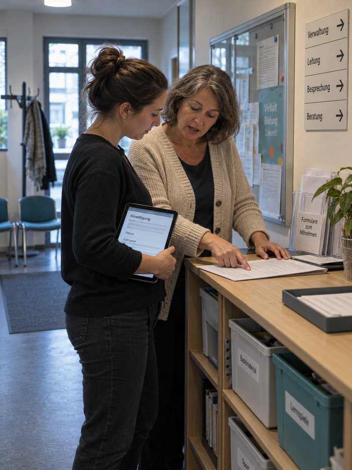 Zwei Frauen am Sideboard im Vorraum des Verwaltungszimmers, eine zeigt auf eine Zeile im Bogen, die andere hält ein Tablet