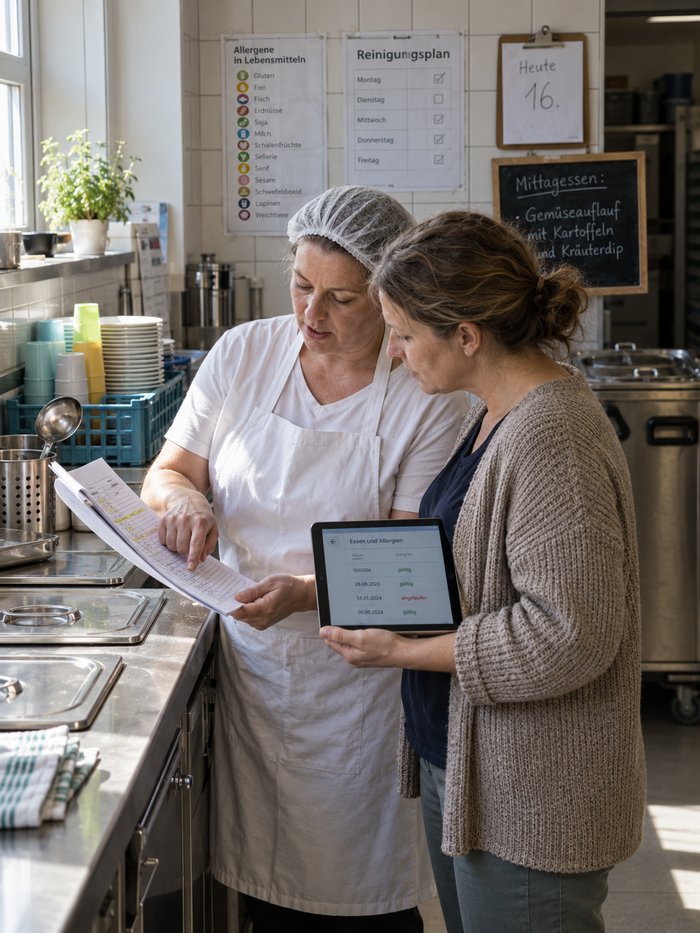 Küchenkraft und Einrichtungsleitung an der Edelstahlanrichte der Kita-Küche, eine zeigt auf eine Zeile im Allergiebogen, die andere hält ein Tablet flach in der Hand