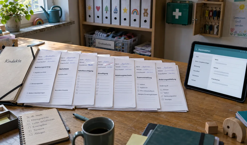 Aufgefächerte Blätter einer Kindakte auf dem Schreibtisch der Kita-Leitung, auf jedem derselbe handgeschriebene Kopfbereich, rechts ein aufgestelltes Tablet mit der Stammdatenmaske