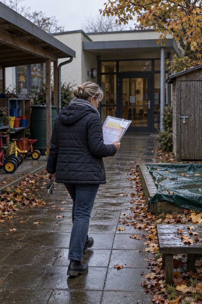 Kita-Leitung geht an einem feuchten Herbstmorgen über den Plattenweg des Außengeländes, in der Hand eine Klarsichthülle mit drei ungleichen Vordrucken
