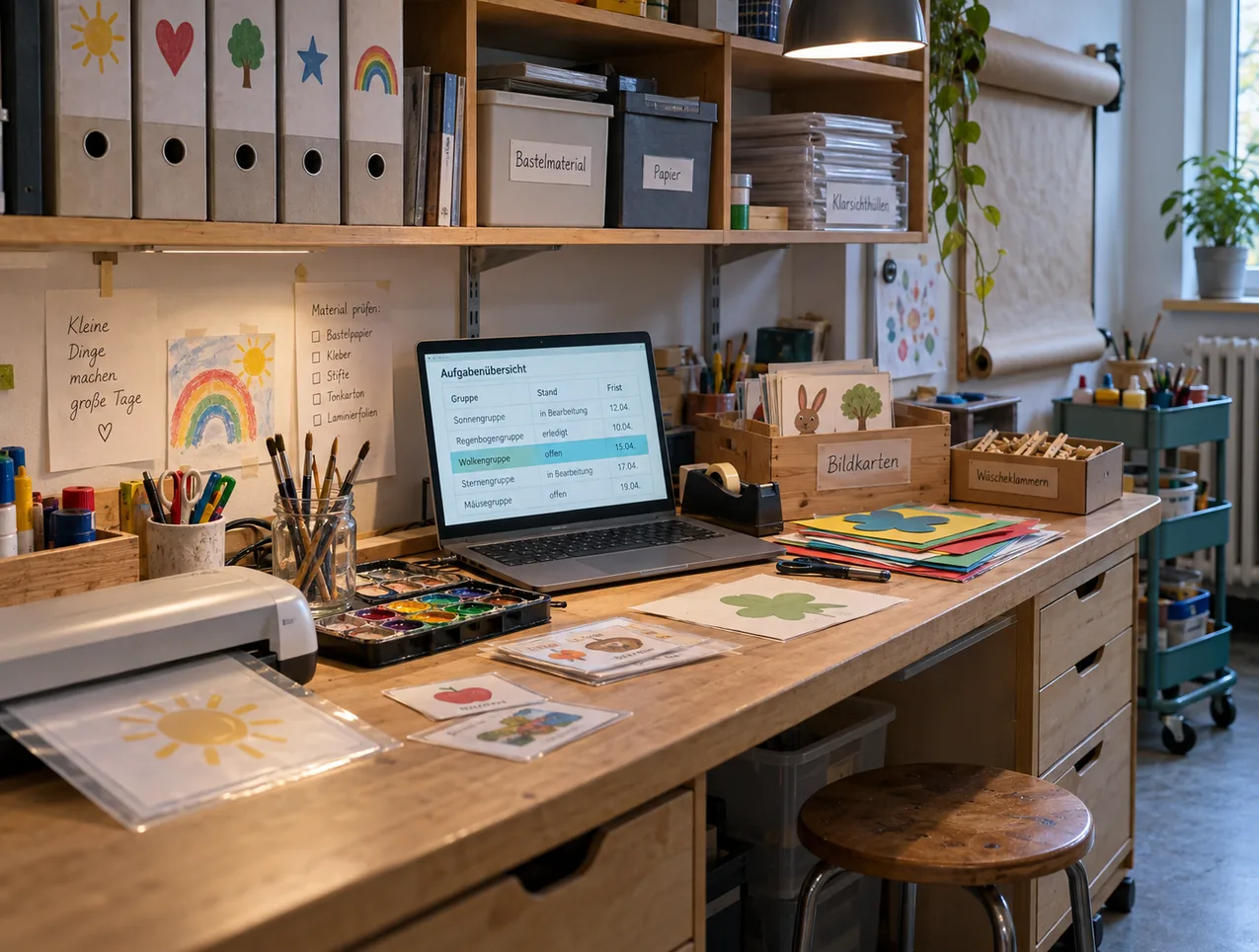 Aufgeklapptes Notebook zwischen Laminiergerät, Farbkasten, Pinselglas und Tonpapier auf der Arbeitsplatte im Vorbereitungsraum einer Kita