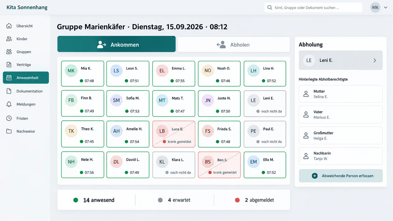 Maske: tastaturfreie Bring- und Abholerfassung als Kachelraster der Gruppe mit hinterlegter Abholliste
