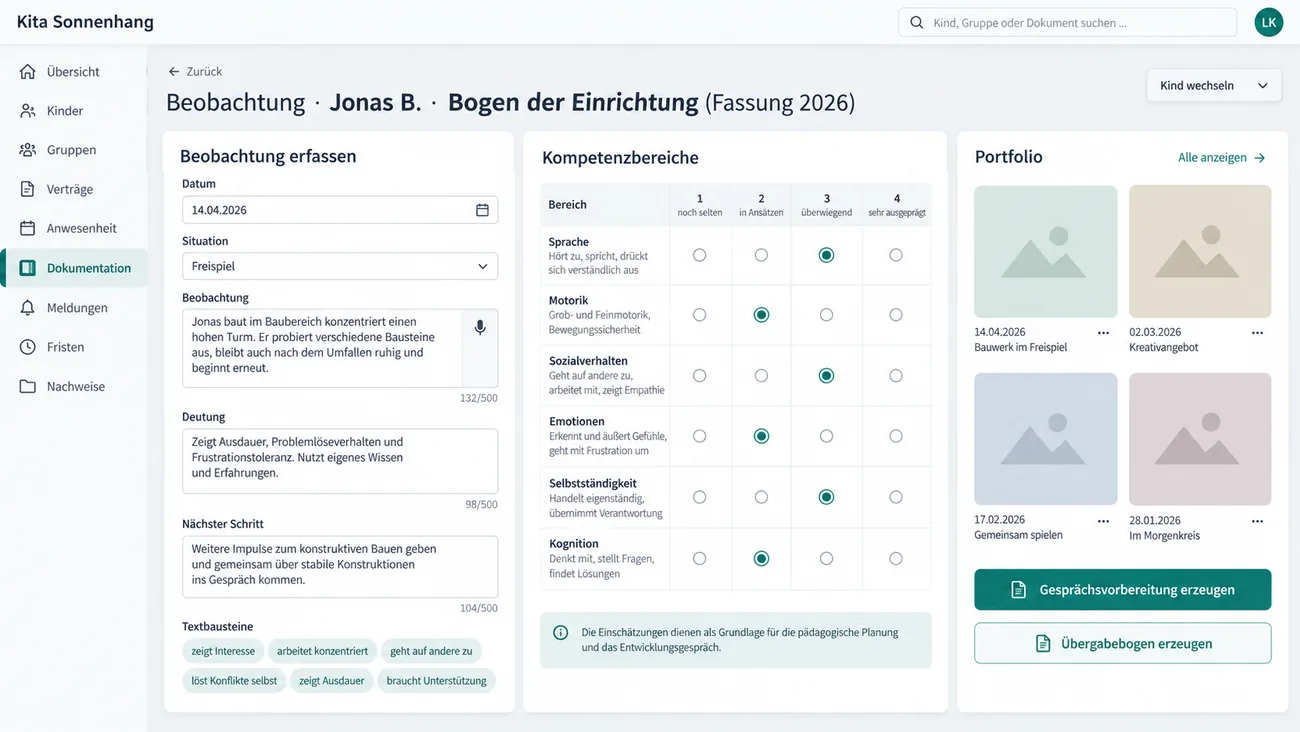 Maske: tastaturfreie Beobachtung mit dem Bogen der Einrichtung, Kompetenzraster und Portfolio-Spalte