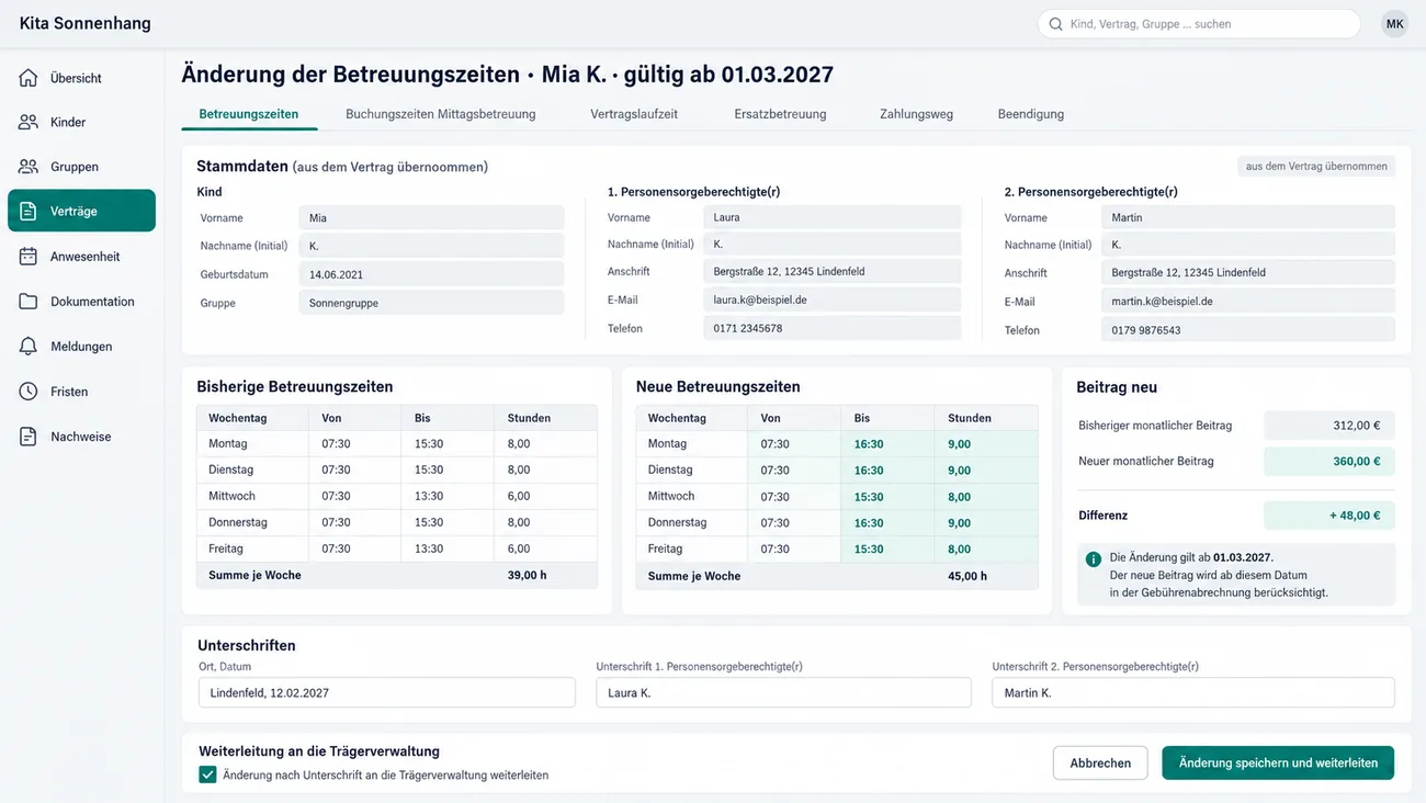 Maske: vorausgefülltes Änderungsformular mit Gegenüberstellung der bisherigen und der neuen Betreuungszeiten