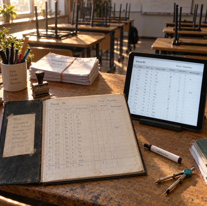 Lehrerpult im leeren Klassenzimmer nach Unterrichtsschluss, aufgeschlagenes handgeführtes Klassenbuch neben einem Tablet mit derselben Spaltenfolge