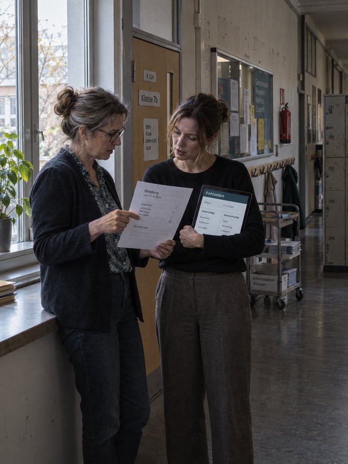 Lehrerin und Verwaltungskraft stehen im leeren Schulflur an der Fensterbank, ein Blatt im Gegenlicht und ein Tablet mit der Fehlzeitenmaske in der Armbeuge