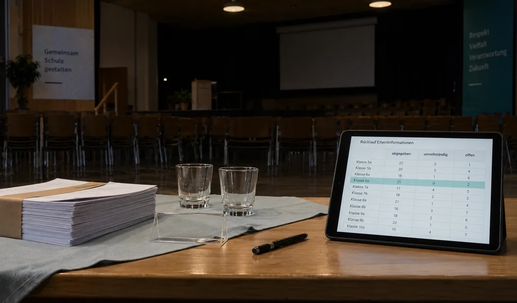 Aula nach dem Elternabend: Tablet mit Rücklaufübersicht je Klasse neben dem ungeöffneten Stapel vorbereiteter Papierbögen mit Banderole